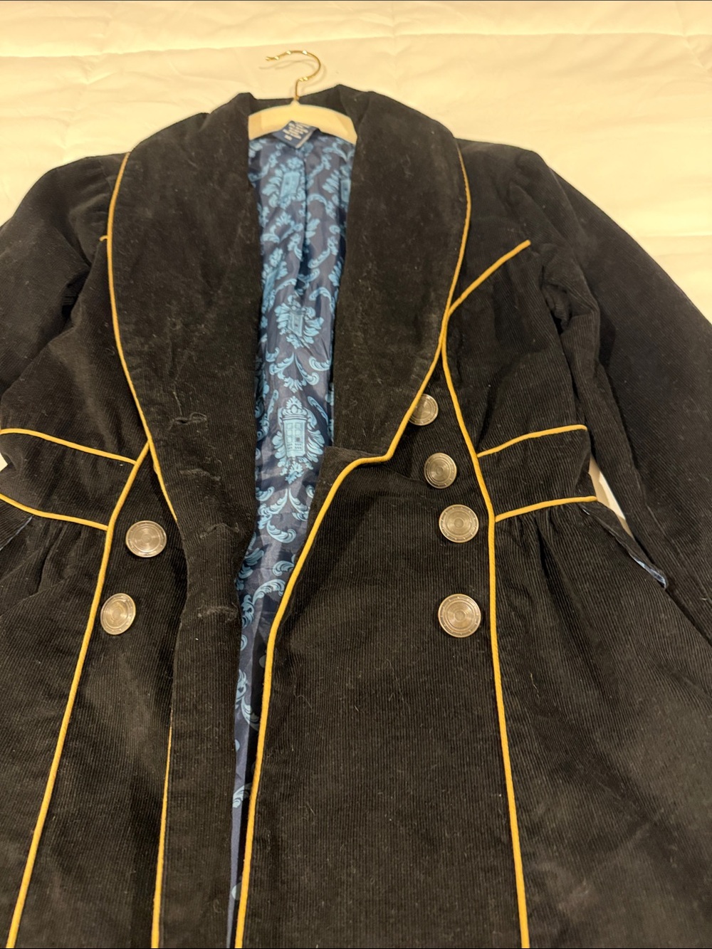 Dr Who TARDIS Hot Topic Black Trench Coat with Gold Piping and Blue Lining XS - Picture 3 of 14